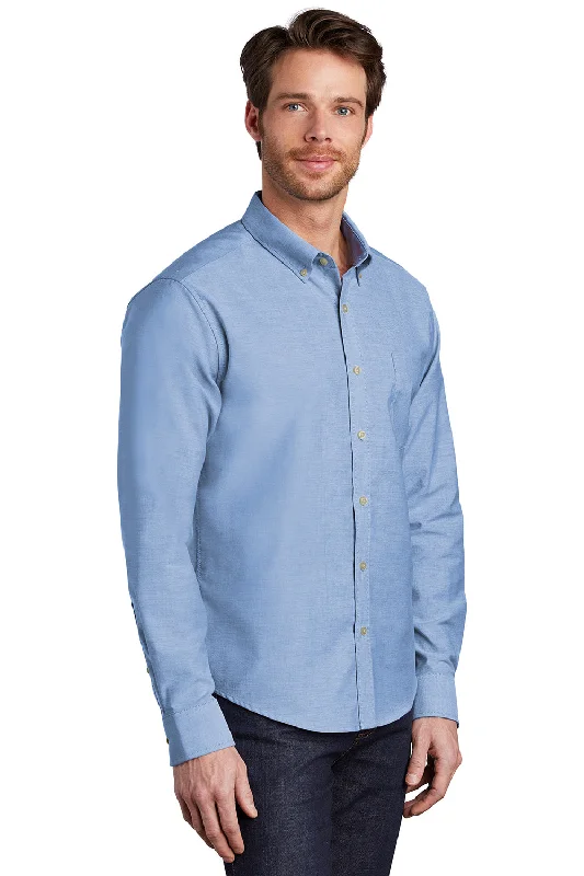 Port Authority Mens SuperPro Wrinkle Resistant Long Sleeve Button Down Shirt w/ Pocket - Oxford Blue