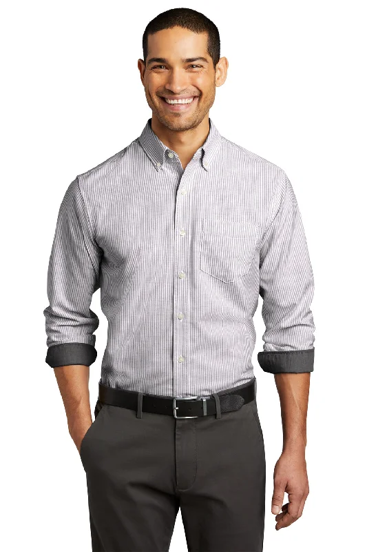 Port Authority Mens SuperPro Wrinkle Resistant Long Sleeve Button Down Shirt w/ Pocket - Black/White