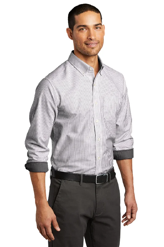 Port Authority Mens SuperPro Wrinkle Resistant Long Sleeve Button Down Shirt w/ Pocket - Black/White