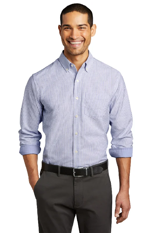 Port Authority Mens SuperPro Wrinkle Resistant Long Sleeve Button Down Shirt w/ Pocket - Oxford Blue/White