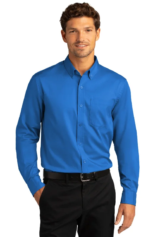 Port Authority Mens SuperPro Wrinkle Resistant React Long Sleeve Button Down Shirt w/ Pocket - Strong Blue