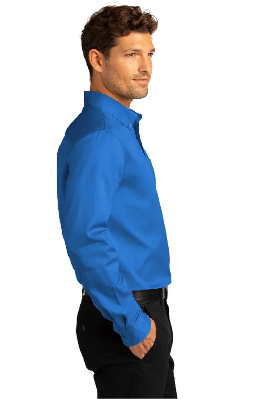 Port Authority Mens SuperPro Wrinkle Resistant React Long Sleeve Button Down Shirt w/ Pocket - Strong Blue