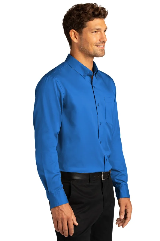 Port Authority Mens SuperPro Wrinkle Resistant React Long Sleeve Button Down Shirt w/ Pocket - Strong Blue