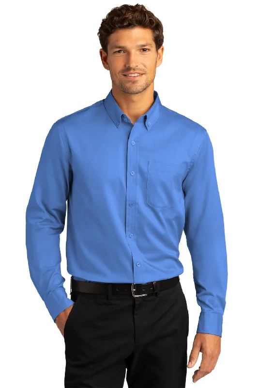 Port Authority Mens SuperPro Wrinkle Resistant React Long Sleeve Button Down Shirt w/ Pocket - Ultramarine Blue