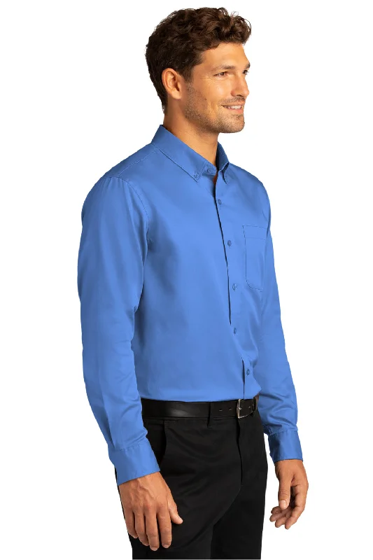 Port Authority Mens SuperPro Wrinkle Resistant React Long Sleeve Button Down Shirt w/ Pocket - Ultramarine Blue