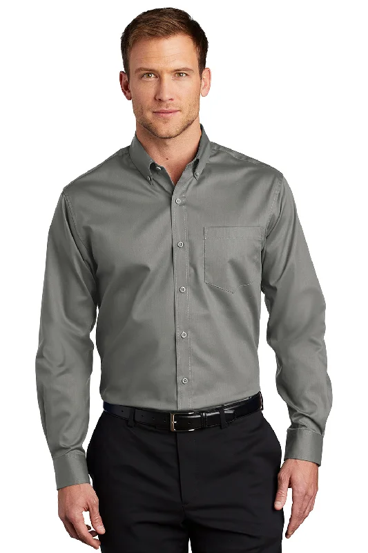 Port Authority Mens SuperPro Wrinkle Resistant Long Sleeve Button Down Shirt w/ Pocket - Monument Grey