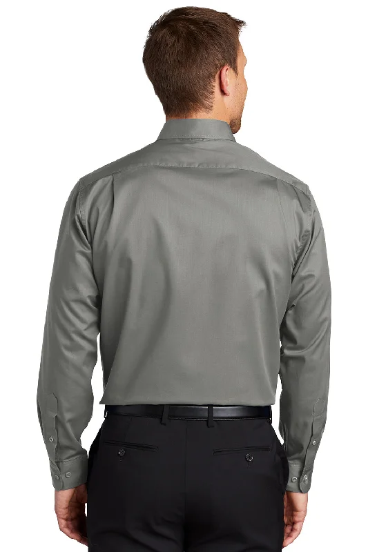 Port Authority Mens SuperPro Wrinkle Resistant Long Sleeve Button Down Shirt w/ Pocket - Monument Grey