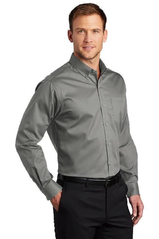 Port Authority Mens SuperPro Wrinkle Resistant Long Sleeve Button Down Shirt w/ Pocket - Monument Grey