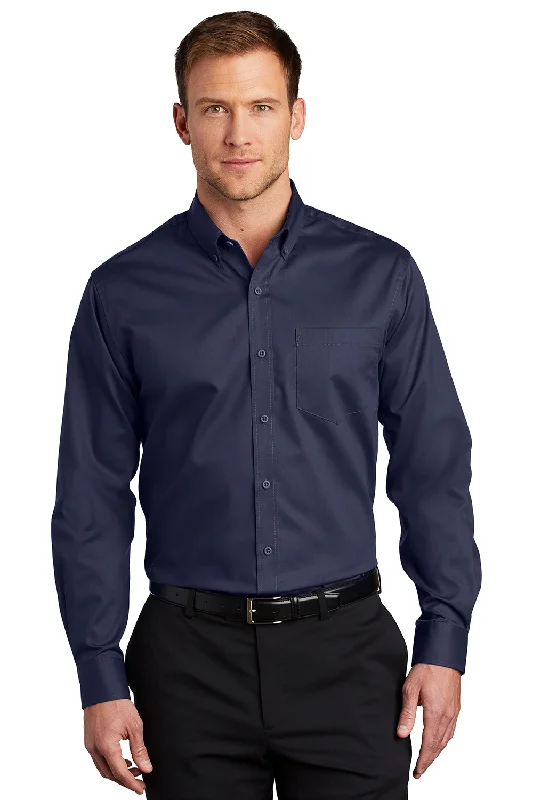 Port Authority Mens SuperPro Wrinkle Resistant Long Sleeve Button Down Shirt w/ Pocket - True Navy Blue