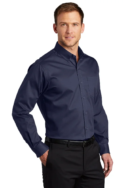 Port Authority Mens SuperPro Wrinkle Resistant Long Sleeve Button Down Shirt w/ Pocket - True Navy Blue