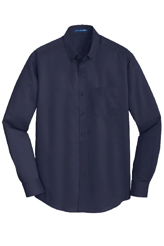 Port Authority Mens SuperPro Wrinkle Resistant Long Sleeve Button Down Shirt w/ Pocket - True Navy Blue