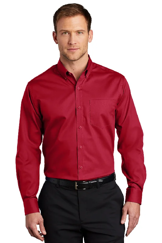 Port Authority Mens SuperPro Wrinkle Resistant Long Sleeve Button Down Shirt w/ Pocket - Rich Red