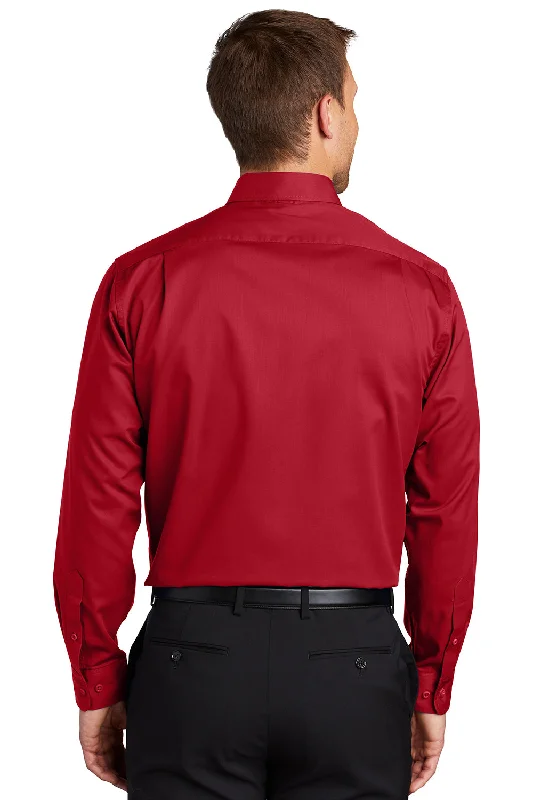 Port Authority Mens SuperPro Wrinkle Resistant Long Sleeve Button Down Shirt w/ Pocket - Rich Red