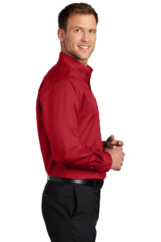 Port Authority Mens SuperPro Wrinkle Resistant Long Sleeve Button Down Shirt w/ Pocket - Rich Red