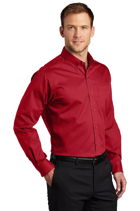 Port Authority Mens SuperPro Wrinkle Resistant Long Sleeve Button Down Shirt w/ Pocket - Rich Red