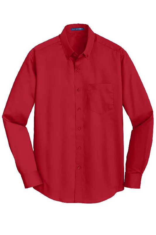 Port Authority Mens SuperPro Wrinkle Resistant Long Sleeve Button Down Shirt w/ Pocket - Rich Red