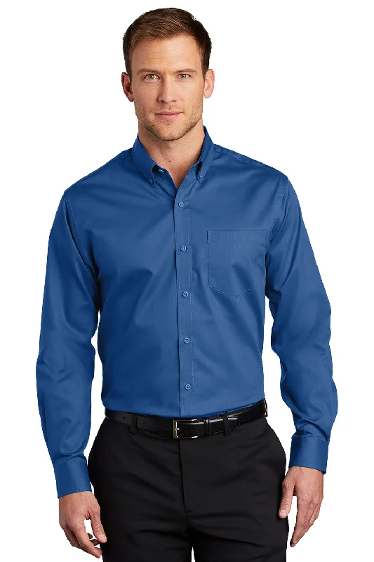 Port Authority Mens SuperPro Wrinkle Resistant Long Sleeve Button Down Shirt w/ Pocket - True Blue