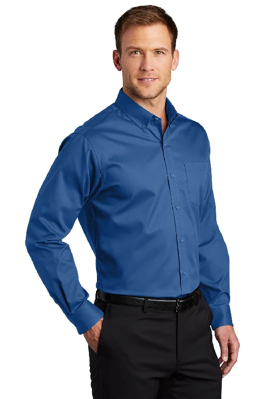 Port Authority Mens SuperPro Wrinkle Resistant Long Sleeve Button Down Shirt w/ Pocket - True Blue