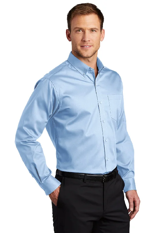 Port Authority Mens SuperPro Wrinkle Resistant Long Sleeve Button Down Shirt w/ Pocket - Cloud Blue