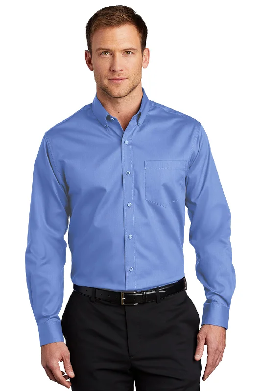 Port Authority Mens SuperPro Wrinkle Resistant Long Sleeve Button Down Shirt w/ Pocket - Ultramarine Blue