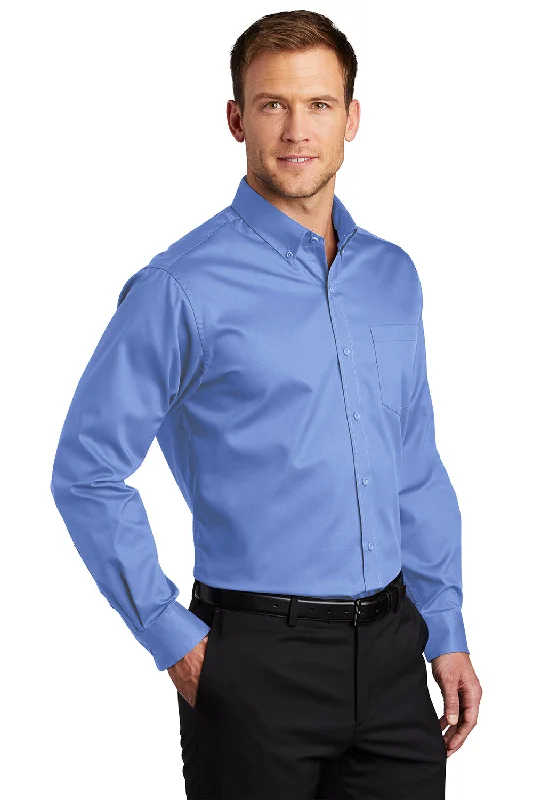 Port Authority Mens SuperPro Wrinkle Resistant Long Sleeve Button Down Shirt w/ Pocket - Ultramarine Blue