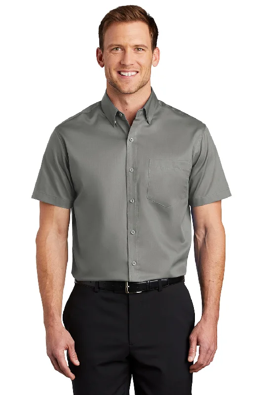 Port Authority Mens SuperPro Wrinkle Resistant Short Sleeve Button Down Shirt w/ Pocket - Monument Grey