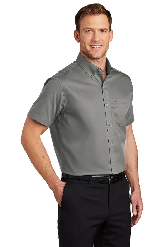 Port Authority Mens SuperPro Wrinkle Resistant Short Sleeve Button Down Shirt w/ Pocket - Monument Grey