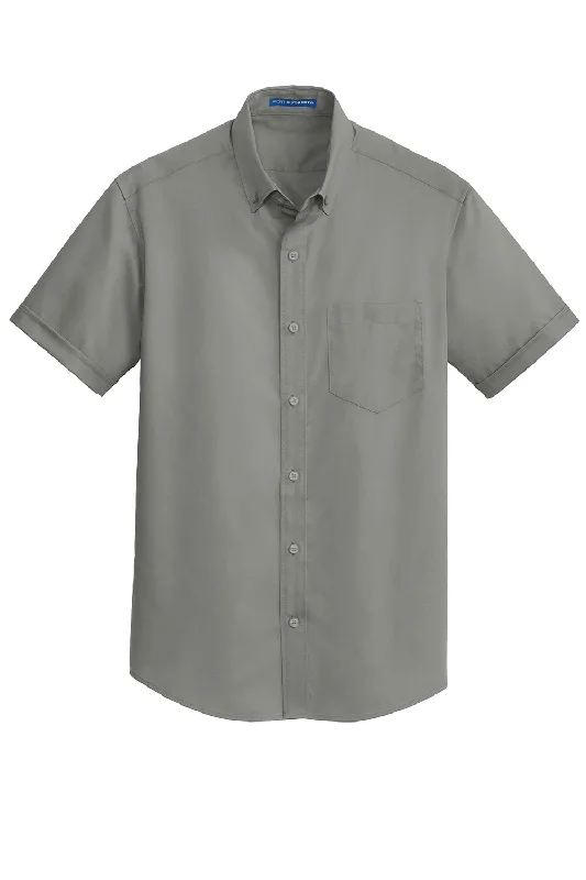 Port Authority Mens SuperPro Wrinkle Resistant Short Sleeve Button Down Shirt w/ Pocket - Monument Grey