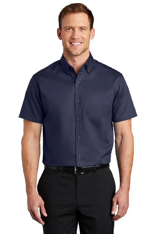 Port Authority Mens SuperPro Wrinkle Resistant Short Sleeve Button Down Shirt w/ Pocket - True Navy Blue