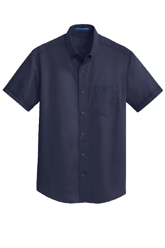 Port Authority Mens SuperPro Wrinkle Resistant Short Sleeve Button Down Shirt w/ Pocket - True Navy Blue