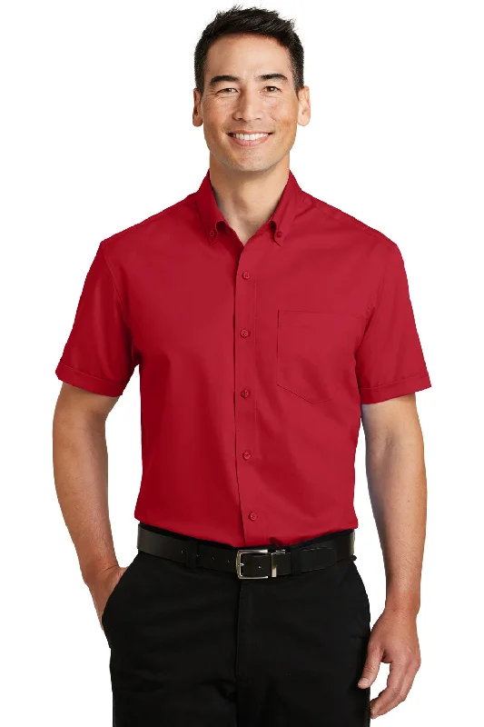 Port Authority Mens SuperPro Wrinkle Resistant Short Sleeve Button Down Shirt w/ Pocket - Rich Red - Closeout