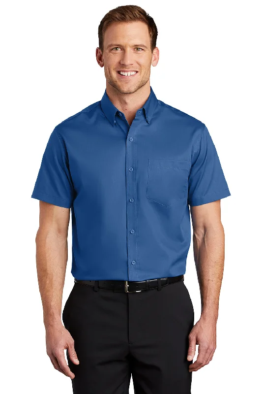 Port Authority Mens SuperPro Wrinkle Resistant Short Sleeve Button Down Shirt w/ Pocket - True Blue