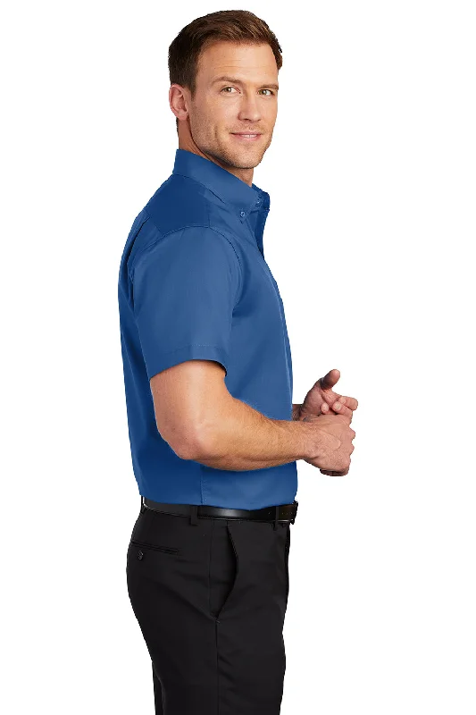 Port Authority Mens SuperPro Wrinkle Resistant Short Sleeve Button Down Shirt w/ Pocket - True Blue