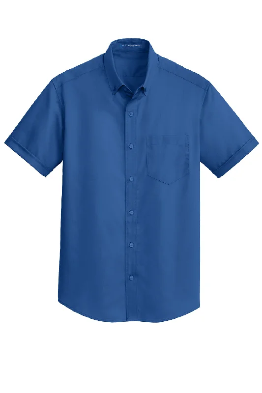 Port Authority Mens SuperPro Wrinkle Resistant Short Sleeve Button Down Shirt w/ Pocket - True Blue