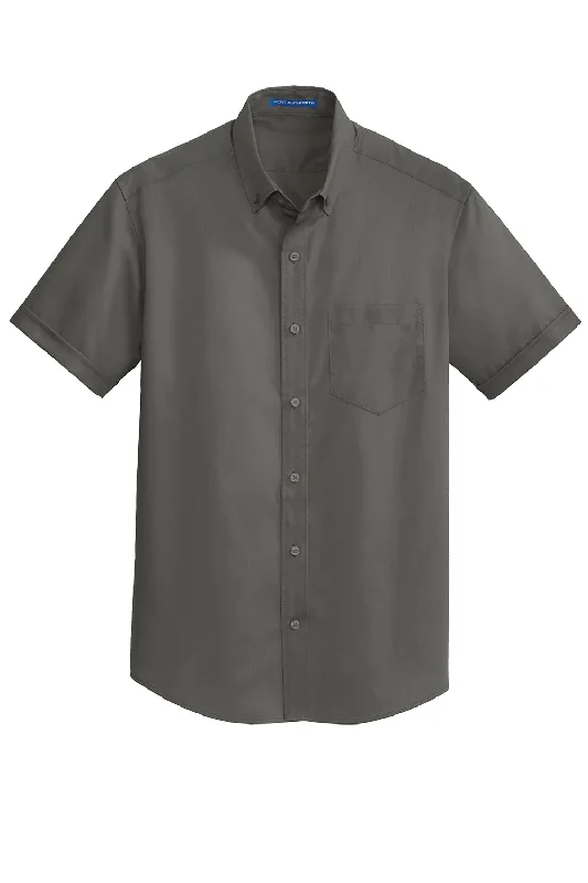 Port Authority Mens SuperPro Wrinkle Resistant Short Sleeve Button Down Shirt w/ Pocket - Sterling Grey