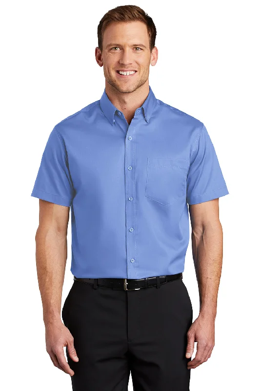 Port Authority Mens SuperPro Wrinkle Resistant Short Sleeve Button Down Shirt w/ Pocket - Ultramarine Blue