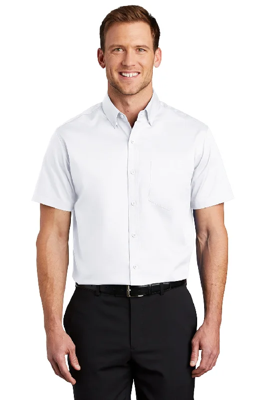 Port Authority Mens SuperPro Wrinkle Resistant Short Sleeve Button Down Shirt w/ Pocket - White