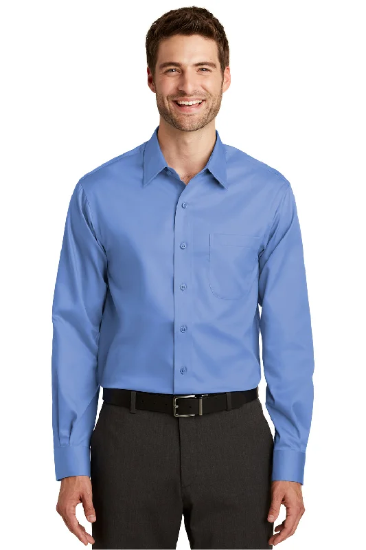 Port Authority Mens Wrinkle Resistant Long Sleeve Button Down Shirt w/ Pocket - Ultramarine Blue - Closeout