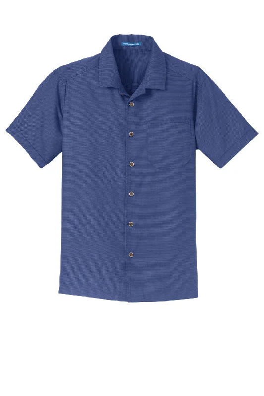 Port Authority Mens Wrinkle Resistant Short Sleeve Button Down Camp Shirt w/ Pocket - Royal Blue - Closeout