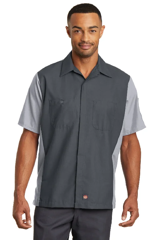 Red Kap Mens Crew Moisture Wicking Short Sleeve Button Down Shirt w/ Double Pockets - Charcoal Grey/Light Grey