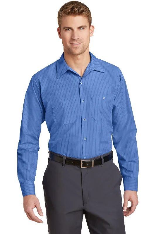 Red Kap Mens Industrial Moisture Wicking Long Sleeve Button Down Shirt w/ Double Pockets - Petrol Blue/Navy Blue - Closeout