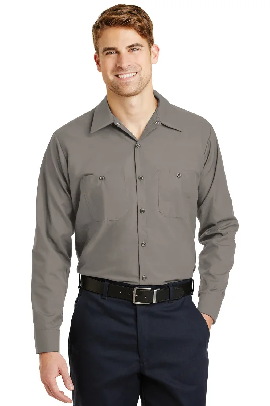 Red Kap Mens Industrial Moisture Wicking Long Sleeve Button Down Shirt w/ Double Pockets - Grey