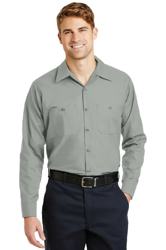 Red Kap Mens Industrial Moisture Wicking Long Sleeve Button Down Shirt w/ Double Pockets - Light Grey