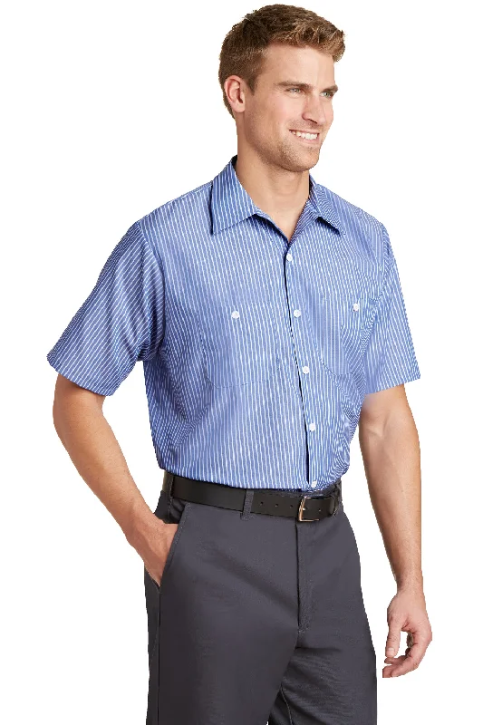 Red Kap Mens Industrial Moisture Wicking Short Sleeve Button Down Shirt w/ Double Pockets - Blue/White - Closeout