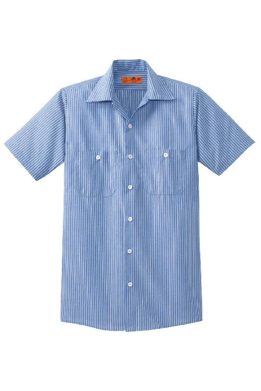 Red Kap Mens Industrial Moisture Wicking Short Sleeve Button Down Shirt w/ Double Pockets - Blue/White - Closeout