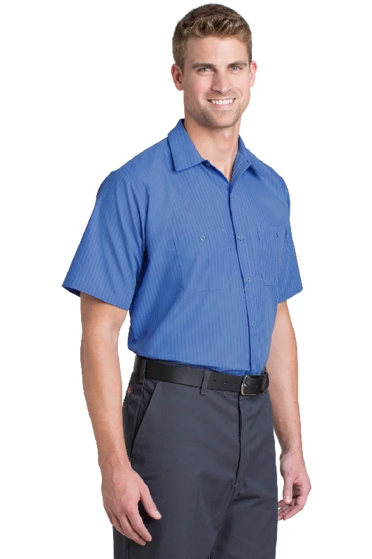 Red Kap Mens Industrial Moisture Wicking Short Sleeve Button Down Shirt w/ Double Pockets - Petrol Blue/Navy Blue