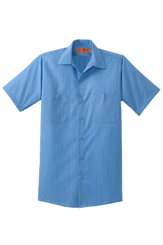 Red Kap Mens Industrial Moisture Wicking Short Sleeve Button Down Shirt w/ Double Pockets - Petrol Blue/Navy Blue