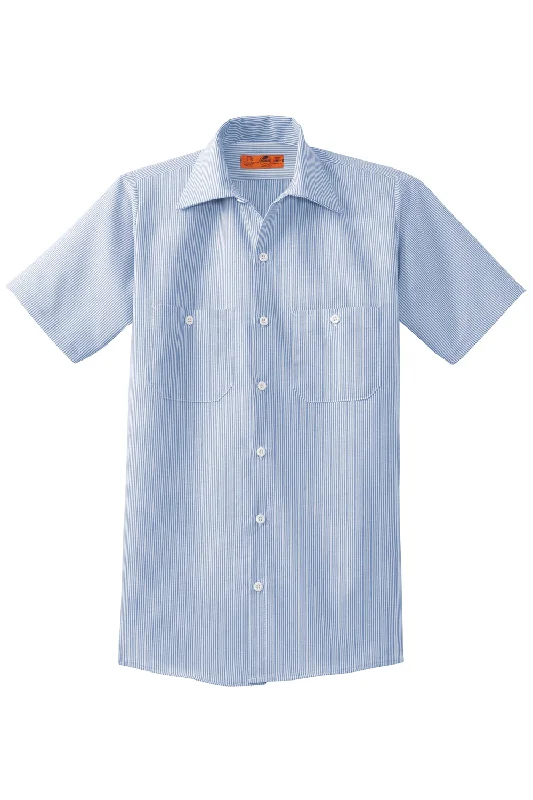 Red Kap Mens Industrial Moisture Wicking Short Sleeve Button Down Shirt w/ Double Pockets - White/Blue