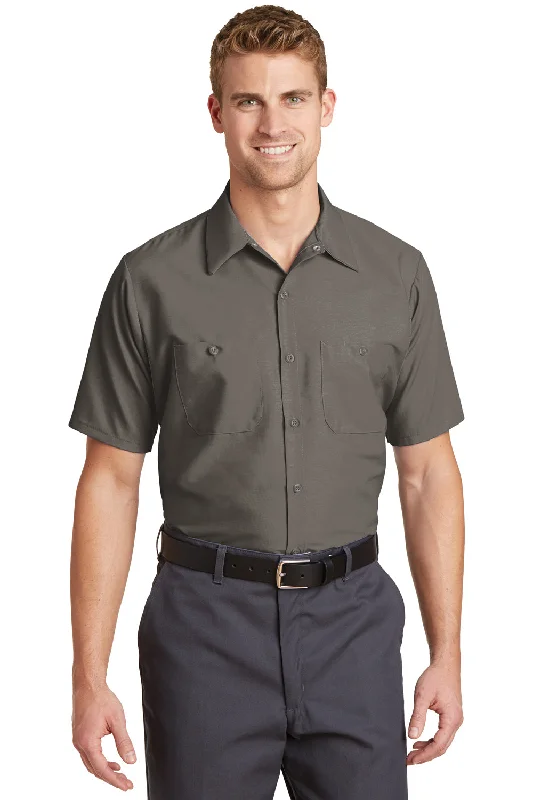 Red Kap Mens Industrial Moisture Wicking Short Sleeve Button Down Shirt w/ Double Pockets - Grey