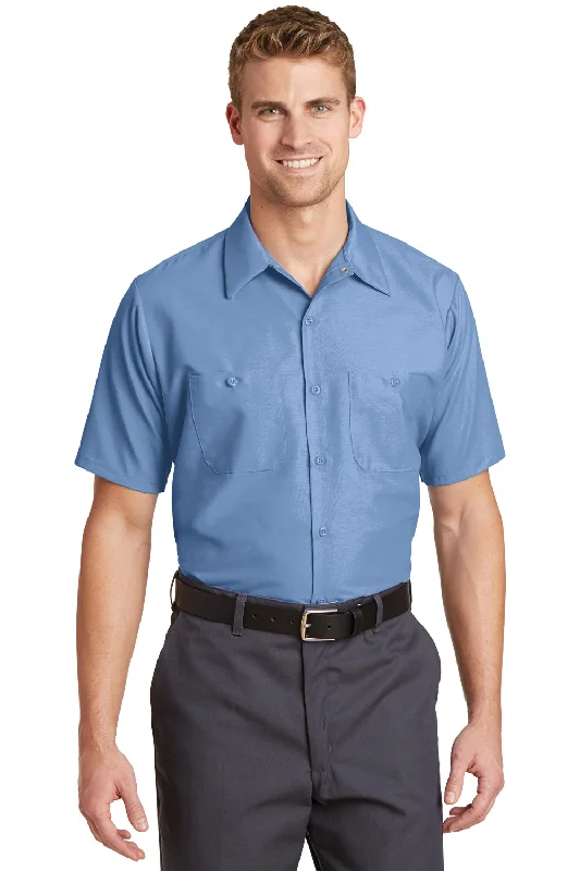 Red Kap Mens Industrial Moisture Wicking Short Sleeve Button Down Shirt w/ Double Pockets - Petrol Blue